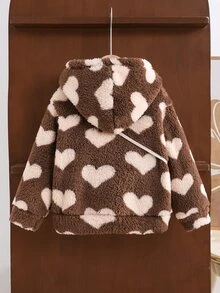Elladie kids 女童秋季上衣冬季夾克 咖啡棕色愛心毛絨連帽外套 附可愛斜挎包，適合日常休閒長袖上衣 - 棕色 - 查看 2