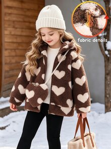 Elladie kids 女童秋季上衣冬季夾克 咖啡棕色愛心毛絨連帽外套 附可愛斜挎包，適合日常休閒長袖上衣 - 棕色 - 查看 1