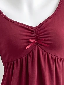 SHEIN Elladie kids 青少年女孩蝴蝶結裝飾抓皺V領喇叭袖上衣 Coquette風格 秋冬正式生日酒紅色休閒可愛上衣 - 酒紅色 - 查看 8