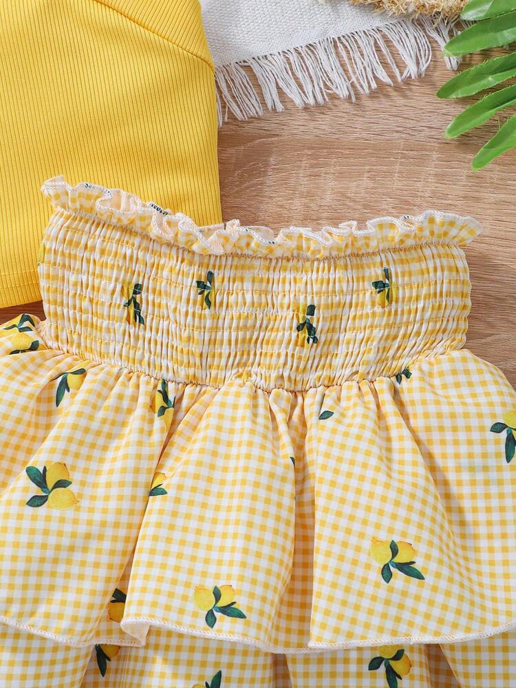SHEIN Genkimix Kids Young Girl Summer Matching Outfit Set, Halter Solid Tank Top And Orange Plaid Ditsy Floral Ruffle Skirt, Holiday Family Vacation Retro Girls - Yellow - View 3