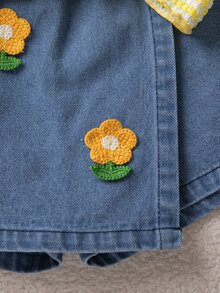 SHEIN Elladie kids 女童圓領短袖白色清新風針織上衣與牛仔裙2件套 生日 幼兒園 夏季 - 黃色 - 查看 6