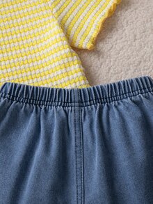 SHEIN Elladie kids 女童圓領短袖白色清新風針織上衣與牛仔裙2件套 生日 幼兒園 夏季 - 黃色 - 查看 9