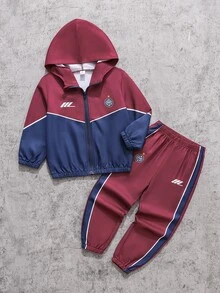 2pcs/Set Boys Casual Streetwear Slogan Print Patchwork Long Sleeve Zip-Up Cardigan Jacket And Pants Set, Suitable For Spring/Autumn Daily Casual Wear, Suitable For Autumn/Winter Young Boy Outfit, Comfortable Fabric, Fashionable Fit, Spring/Summer New Style, Suitable For Multiple Seasons And Occasions - Multicolor - View 1
