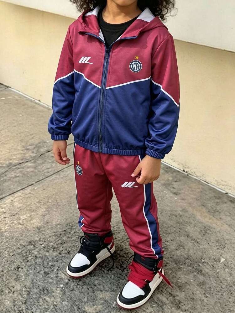 2pcs/Set Boys Casual Streetwear Slogan Print Patchwork Long Sleeve Zip-Up Cardigan Jacket And Pants Set, Suitable For Spring/Autumn Daily Casual Wear, Suitable For Autumn/Winter Young Boy Outfit, Comfortable Fabric, Fashionable Fit, Spring/Summer New Style, Suitable For Multiple Seasons And Occasions - Multicolor - View 3