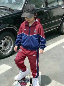 2pcs/Set Boys Casual Streetwear Slogan Print Patchwork Long Sleeve Zip-Up Cardigan Jacket And Pants Set, Suitable For Spring/Autumn Daily Casual Wear, Suitable For Autumn/Winter Young Boy Outfit, Comfortable Fabric, Fashionable Fit, Spring/Summer New Style, Suitable For Multiple Seasons And Occasions - Multicolor - View 5
