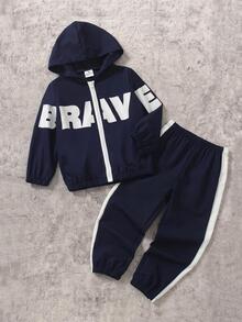 Young Boys ZipUp Hooded Jacket With Letter Print & Side Stripe Elastic Cuff Pants 2Pcs Casual Tracksuit SetSoft Comfortable Fabric, Stylish Fit - Navy Blue - View 9