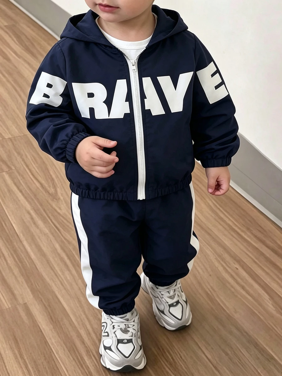 Young Boys ZipUp Hooded Jacket With Letter Print & Side Stripe Elastic Cuff Pants 2Pcs Casual Tracksuit SetSoft Comfortable Fabric, Stylish Fit - Navy Blue - View 1