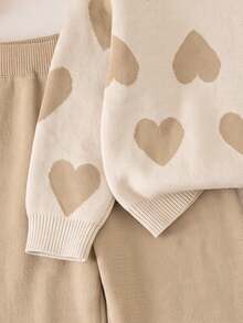 Genkimix Kids Girls Autumn/Winter Fashion Heart Pattern Jacquard Knit Sweater Long Sleeve Shirt & Black Pants Set - Apricot - View 7