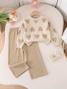 Genkimix Kids Girls Autumn/Winter Fashion Heart Pattern Jacquard Knit Sweater Long Sleeve Shirt & Black Pants Set - Apricot - View 3