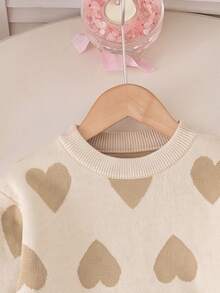 Genkimix Kids Girls Autumn/Winter Fashion Heart Pattern Jacquard Knit Sweater Long Sleeve Shirt & Black Pants Set - Apricot - View 6
