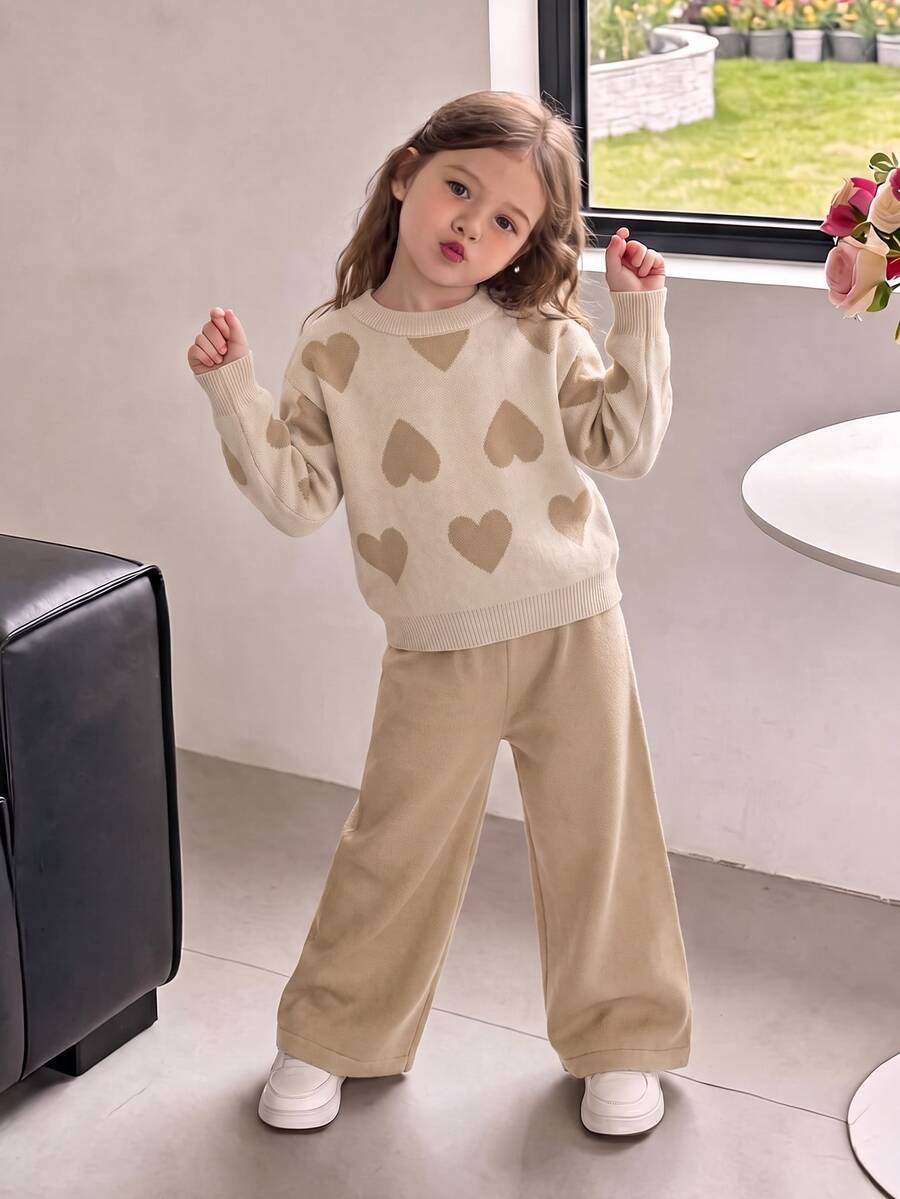 Genkimix Kids Girls Autumn/Winter Fashion Heart Pattern Jacquard Knit Sweater Long Sleeve Shirt & Black Pants Set - Apricot - View 1