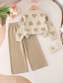 Genkimix Kids Girls Autumn/Winter Fashion Heart Pattern Jacquard Knit Sweater Long Sleeve Shirt & Black Pants Set - Apricot - View 2