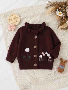 SHEIN Pink Baby Cute Cardigan: Round Neck Long Sleeve Duck Embroidery Fashion Outerwear Top - Burgundy - View 3