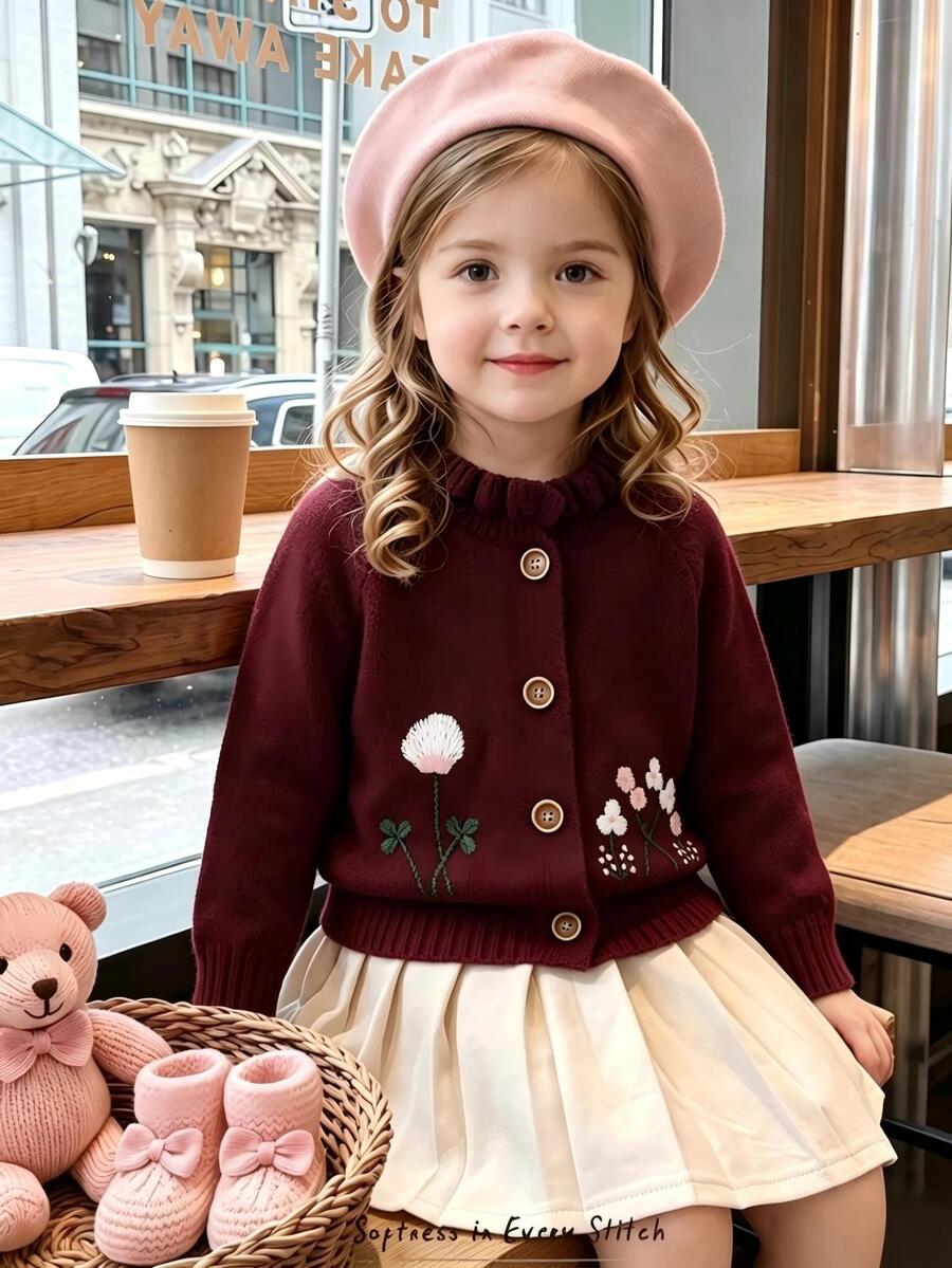 SHEIN Pink Baby Cute Cardigan: Round Neck Long Sleeve Duck Embroidery Fashion Outerwear Top - Burgundy - View 1