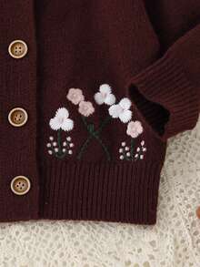 SHEIN Pink Baby Cute Cardigan: Round Neck Long Sleeve Duck Embroidery Fashion Outerwear Top - Burgundy - View 6