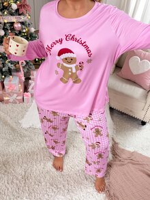 Slumberry CURVE Striped Bow Print Sweet INS Knit Long Sleeve Plus Size Pajama Set - Pink - View 3