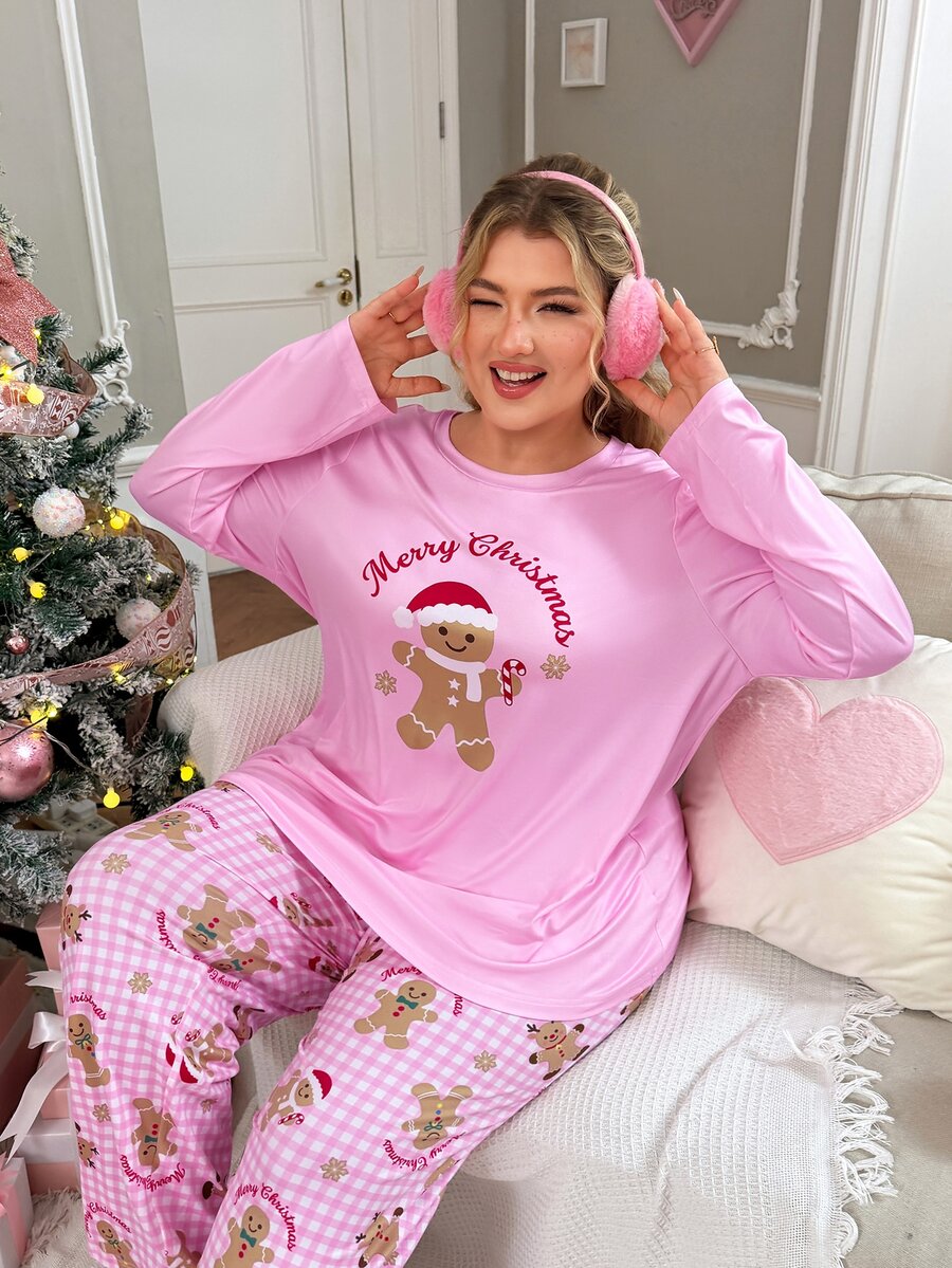 Slumberry CURVE Striped Bow Print Sweet INS Knit Long Sleeve Plus Size Pajama Set - Pink - View 1