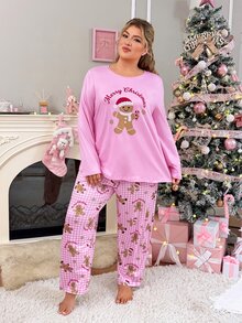 Slumberry CURVE Striped Bow Print Sweet INS Knit Long Sleeve Plus Size Pajama Set - Pink - View 6
