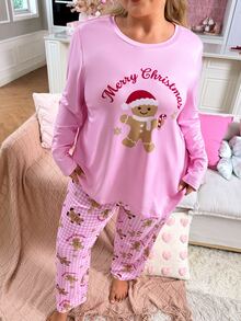 Slumberry CURVE Striped Bow Print Sweet INS Knit Long Sleeve Plus Size Pajama Set - Pink - View 5