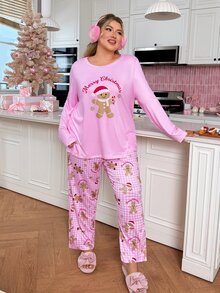 Slumberry CURVE Striped Bow Print Sweet INS Knit Long Sleeve Plus Size Pajama Set - Pink - View 7