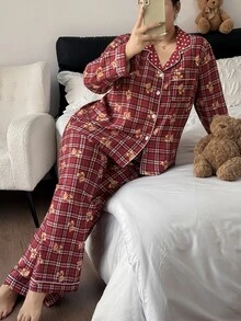 SHEIN Napfluff CURVE Plus Size Women Plaid Bear Print & Polka Dot Contrast Color Lapel Long Sleeve Pants Pajama Set - Multicolor - View 5
