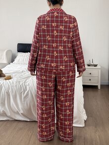 SHEIN Napfluff CURVE Plus Size Women Plaid Bear Print & Polka Dot Contrast Color Lapel Long Sleeve Pants Pajama Set - Multicolor - View 2