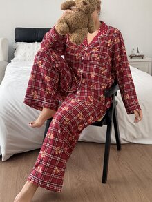 SHEIN Napfluff CURVE Plus Size Women Plaid Bear Print & Polka Dot Contrast Color Lapel Long Sleeve Pants Pajama Set - Multicolor - View 4