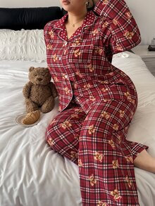 SHEIN Napfluff CURVE Plus Size Women Plaid Bear Print & Polka Dot Contrast Color Lapel Long Sleeve Pants Pajama Set - Multicolor - View 3