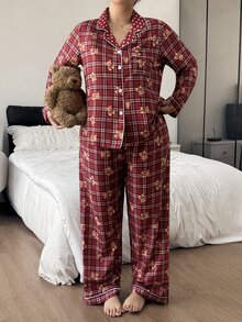 SHEIN Napfluff CURVE Plus Size Women Plaid Bear Print & Polka Dot Contrast Color Lapel Long Sleeve Pants Pajama Set - Multicolor - View 6