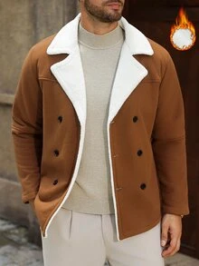Manfinity Homme Men's Solid Color Pocket Button-Front Long-Sleeve Jacket, Autumn Casual Party Beige Jacket, Suitable For Friends, Husband, Boyfriend - Brown - View 3