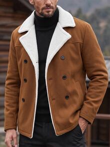 Manfinity Homme Men's Solid Color Pocket Button-Front Long-Sleeve Jacket, Autumn Casual Party Beige Jacket, Suitable For Friends, Husband, Boyfriend - Brown - View 6