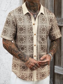 VENTUSAIL 男士针织网眼透明印花撞色设计休闲短袖衬衫，男士几何印花营领衬衫，修身款，适合海滩度假/男士度假服装，波西米亚风男士衬衫，男士休闲短袖衬衫，男士夏季夏威夷衬衫，男士夏季纽扣衬衫，Treaty Oak Revival衬衫，男士度假服装，男士夏季纽扣衬衫，男士休闲度假衬衫，男士纽扣衬衫，男士图案纽扣衬衫，假日 - 卡其色 - 查看 6