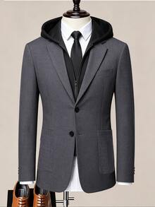 Manfinity Mode Men's Old Money Dark Grey Colorblock Hooded 2 In 1 Suit Blazer, Casual Textured Two-Button Loose Fit Versatile Commuter Blazer, Formal - Dark Grey - View 1