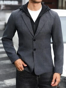 Manfinity Mode Men's Old Money Dark Grey Colorblock Hooded 2 In 1 Suit Blazer, Casual Textured Two-Button Loose Fit Versatile Commuter Blazer, Formal - Dark Grey - View 5