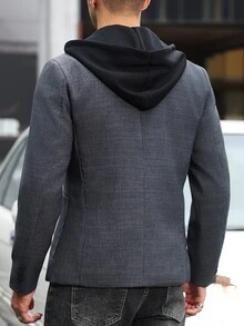 Manfinity Mode Men's Old Money Dark Grey Colorblock Hooded 2 In 1 Suit Blazer, Casual Textured Two-Button Loose Fit Versatile Commuter Blazer, Formal - Dark Grey - View 2