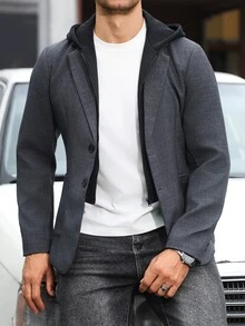 Manfinity Mode Men's Old Money Dark Grey Colorblock Hooded 2 In 1 Suit Blazer, Casual Textured Two-Button Loose Fit Versatile Commuter Blazer, Formal - Dark Grey - View 3