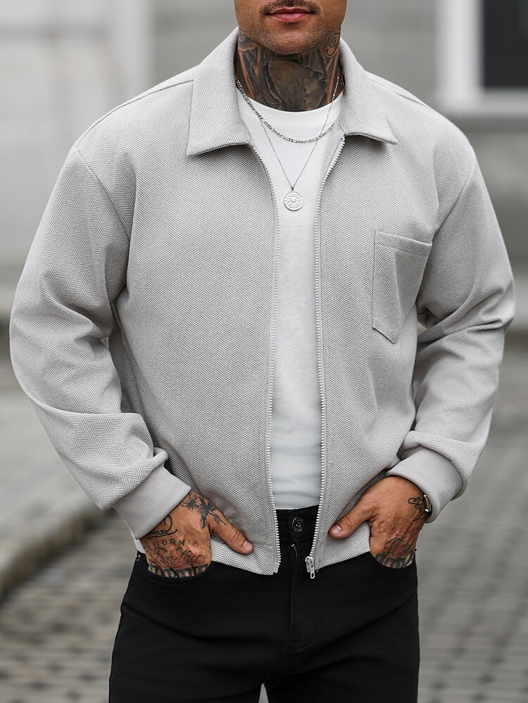 Manfinity CasualCool Men's Old Money Casual Zip-Up Single Pocket Overcoat, Herringbone-Patterned Fabric; Unlined, Making It Suitable For Everyday Autumn. - Grey - View 1