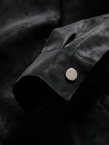 Manfinity Roghcode Men's Vintage Dark Pattern Stand Collar Metal Snap Button Design Full Zip Short Motorcycle Jacket, Casual Versatile Textured Leather Club Black Fall - Black - View 3