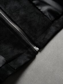 Manfinity Roghcode Men's Vintage Dark Pattern Stand Collar Metal Snap Button Design Full Zip Short Motorcycle Jacket, Casual Versatile Textured Leather Club Black Fall - Black - View 4