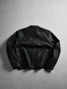 Manfinity Roghcode Men's Vintage Dark Pattern Stand Collar Metal Snap Button Design Full Zip Short Motorcycle Jacket, Casual Versatile Textured Leather Club Black Fall - Black - View 2