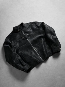 Manfinity Roghcode Men's Vintage Dark Pattern Stand Collar Metal Snap Button Design Full Zip Short Motorcycle Jacket, Casual Versatile Textured Leather Club Black Fall - Black - View 1