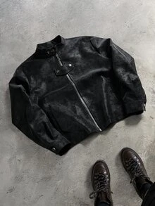 Manfinity Roghcode Men's Vintage Dark Pattern Stand Collar Metal Snap Button Design Full Zip Short Motorcycle Jacket, Casual Versatile Textured Leather Club Black Fall - Black - View 6