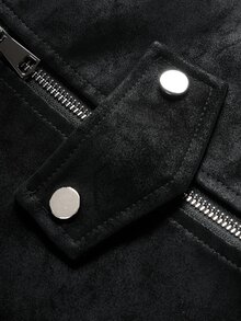 Manfinity Roghcode Men's Vintage Dark Pattern Stand Collar Metal Snap Button Design Full Zip Short Motorcycle Jacket, Casual Versatile Textured Leather Club Black Fall - Black - View 7
