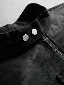 Manfinity Roghcode Men's Vintage Dark Pattern Stand Collar Metal Snap Button Design Full Zip Short Motorcycle Jacket, Casual Versatile Textured Leather Club Black Fall - Black - View 5