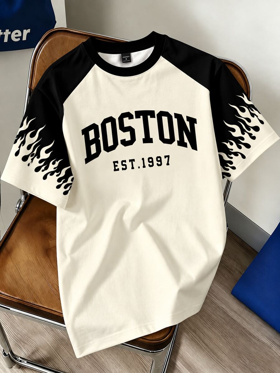 Lornexis 男士美式復古圖案拼色短袖T恤 BOSTON字母火焰印花圓領休閒街頭風上衣 白色夏季度假海灘款 - 彩色 - 查看 1