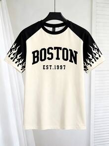 Lornexis 男士美式復古圖案拼色短袖T恤 BOSTON字母火焰印花圓領休閒街頭風上衣 白色夏季度假海灘款 - 彩色 - 查看 5