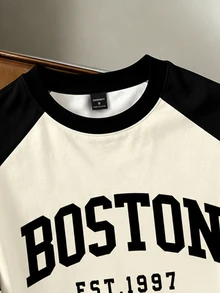 Lornexis 男士美式復古圖案拼色短袖T恤 BOSTON字母火焰印花圓領休閒街頭風上衣 白色夏季度假海灘款 - 彩色 - 查看 3