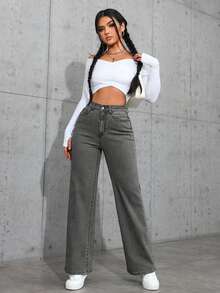 Flexra Plus Size Women's Stretch Denim Jeans Grey Textured Premium Stretch Straight Leg Jeans Cowboy For Women - Grey - View 6