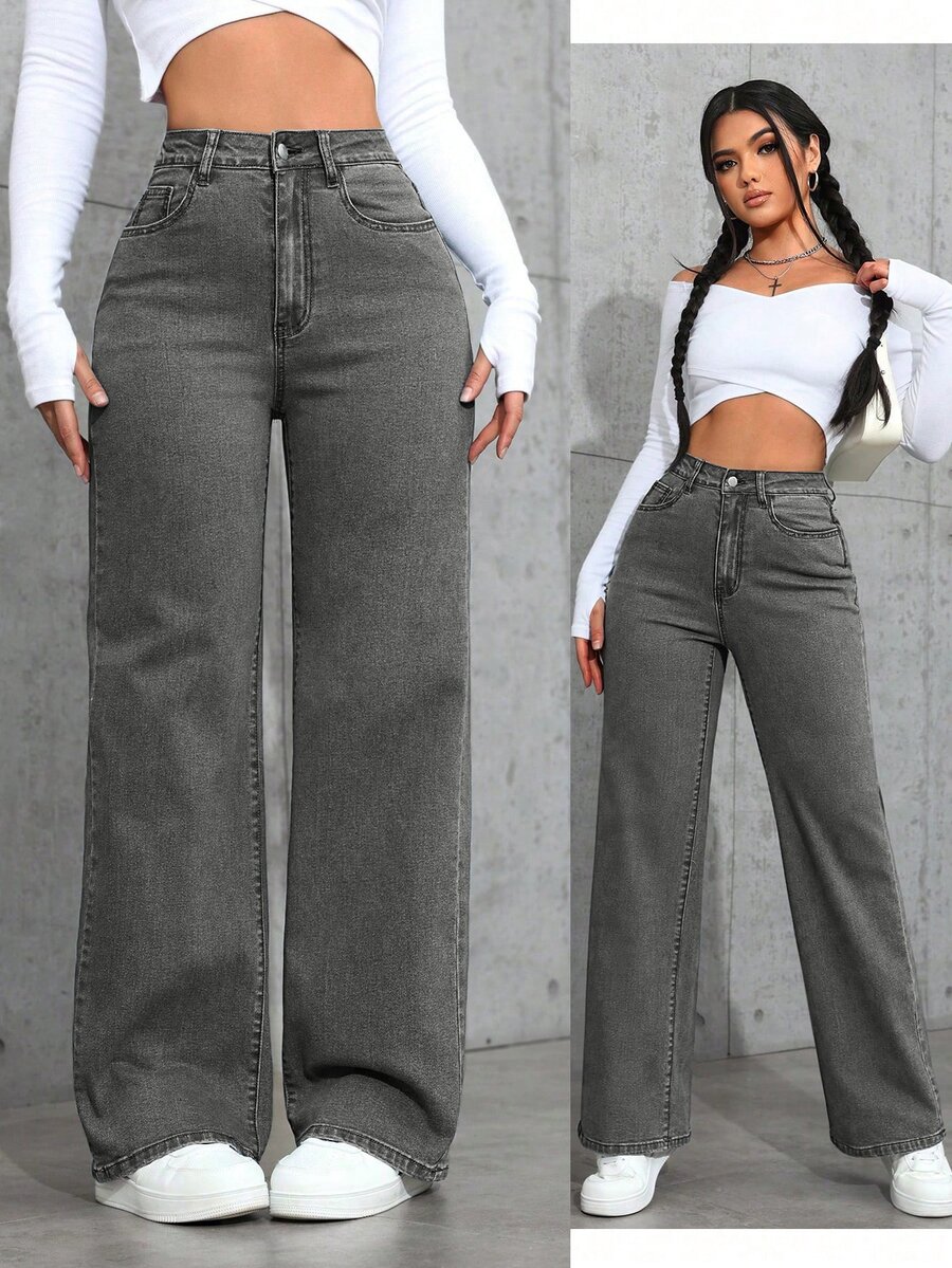 Flexra Plus Size Women's Stretch Denim Jeans Grey Textured Premium Stretch Straight Leg Jeans Cowboy For Women - Grey - View 1
