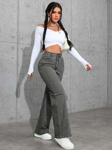 Flexra Plus Size Women's Stretch Denim Jeans Grey Textured Premium Stretch Straight Leg Jeans Cowboy For Women - Grey - View 5